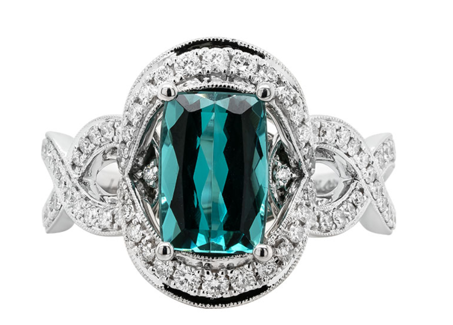 14K White Gold Green Tourmaline and Diamond Ring