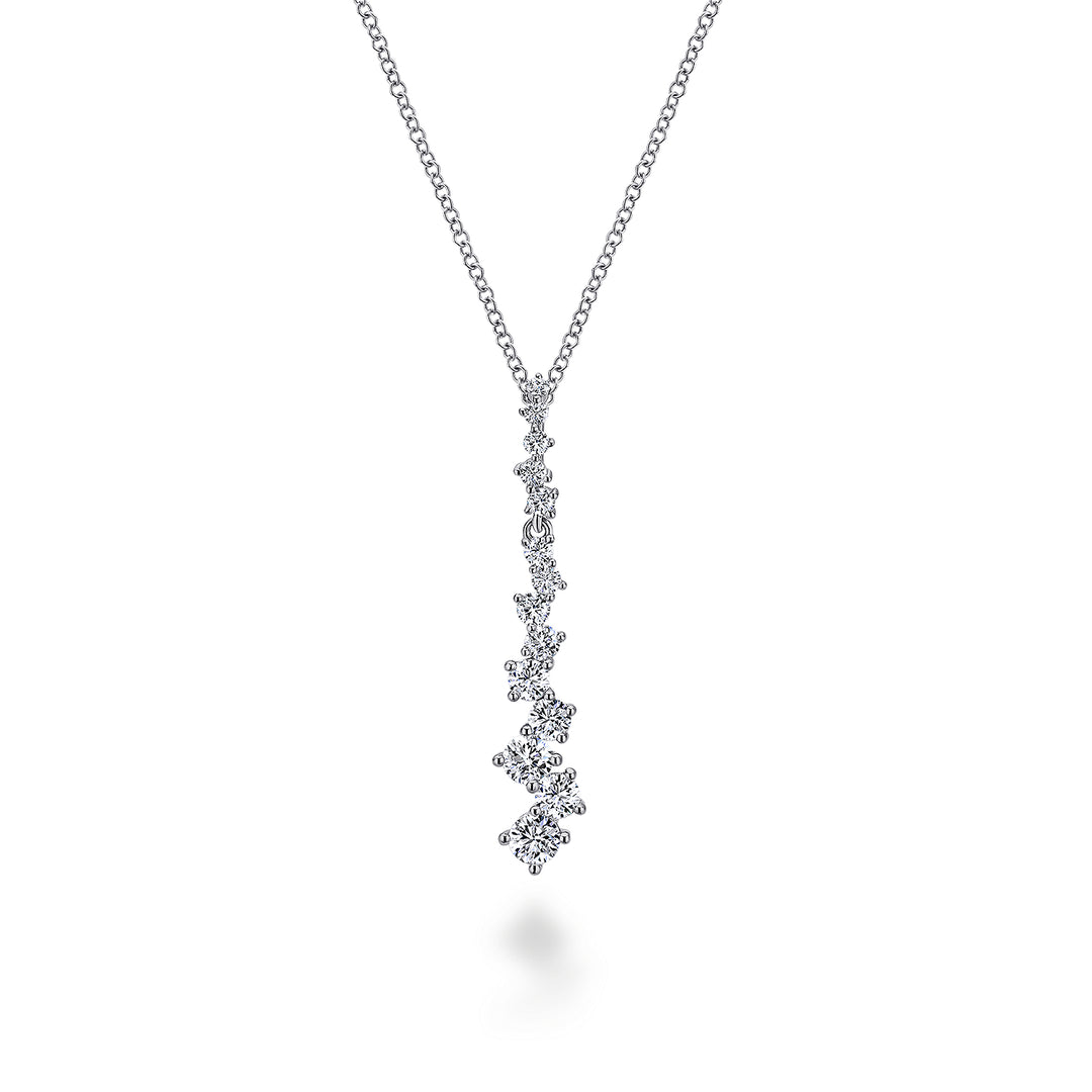 14K White Gold Linear Diamond Cluster Pendant Necklace