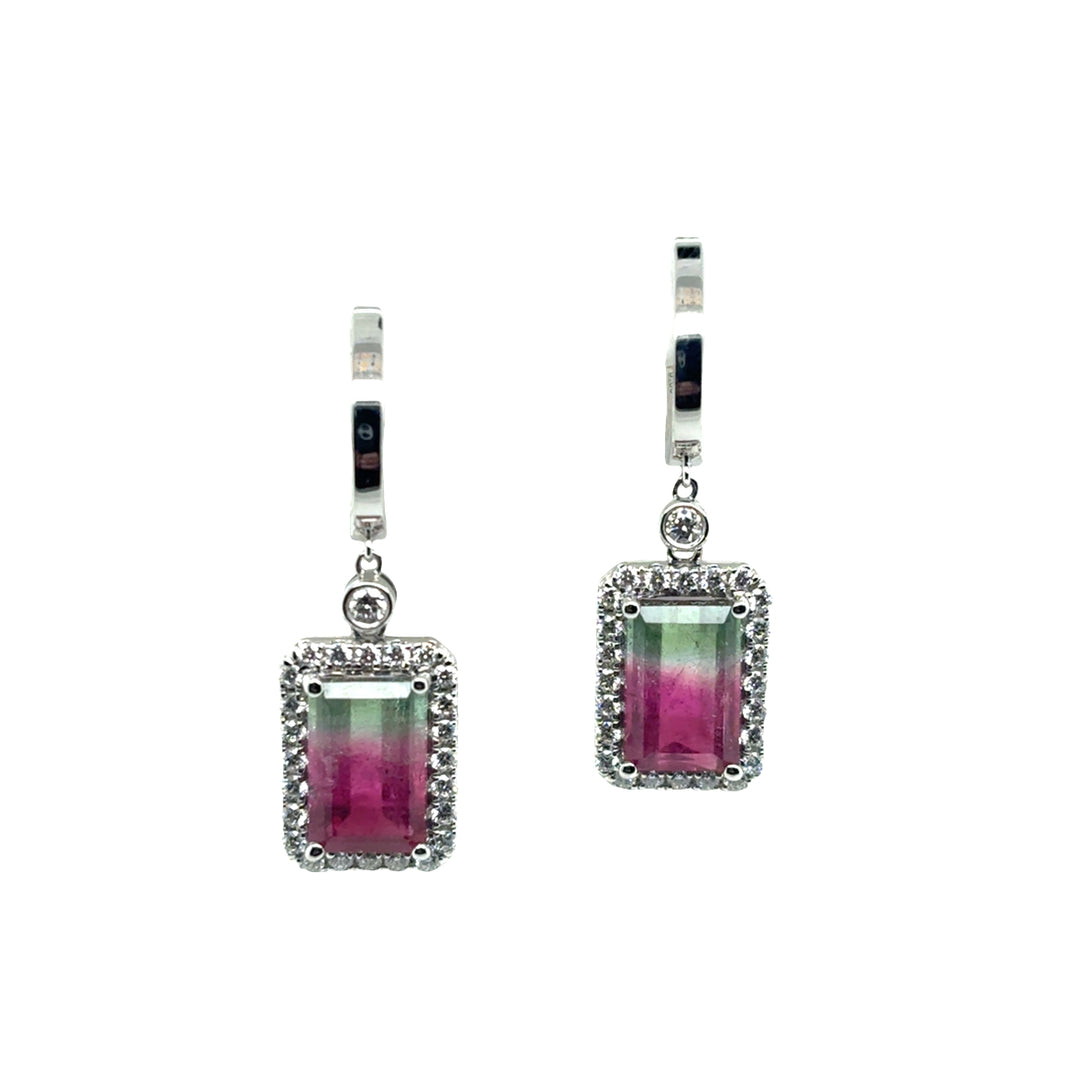 18K White Gold  Watermelon Tourmaline and Diamond Halo Dangle Earrings