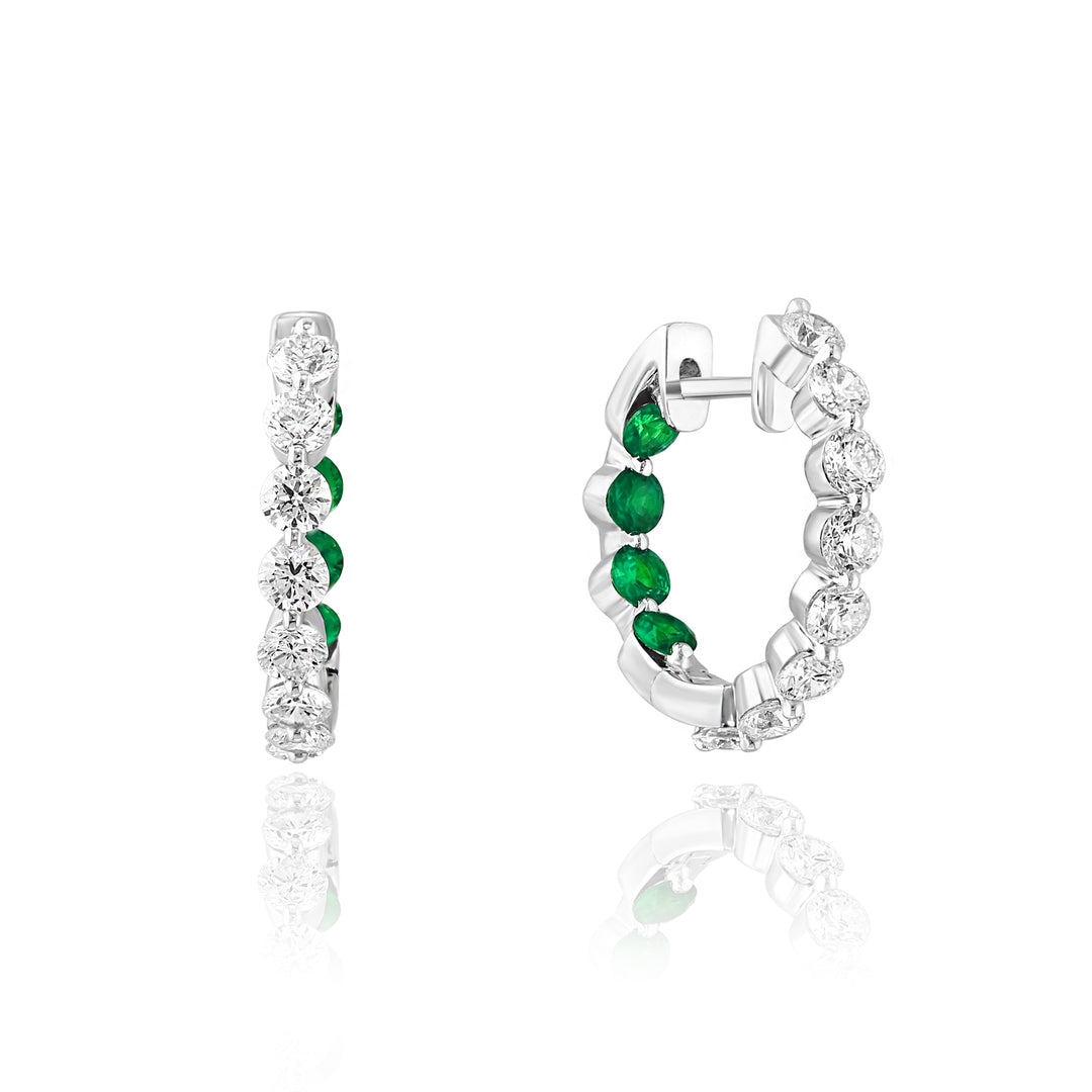 18K White Gold Diamond and Emerald Huggie Earrings