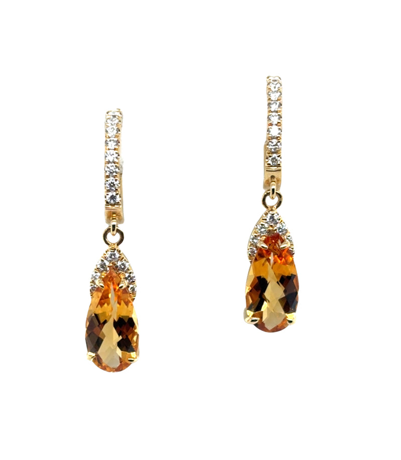 18K Yellow Gold Citrine and Diamond Drop Earrings