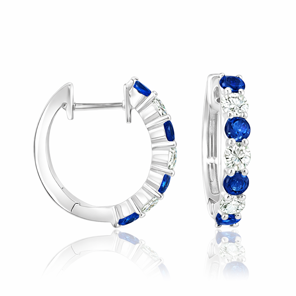 14K White Gold Sapphire and Diamond Huggie Earrings