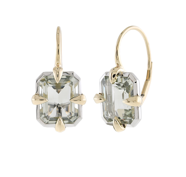Sterling Silver and 14K Yellow Gold Green Amethyst Lever Back Drop Earrings