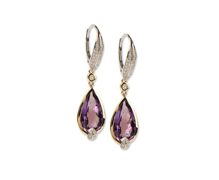 14K Yellow and White Gold Natural Amethyst Pear and Labgrown Diamond Lever Back Earrings