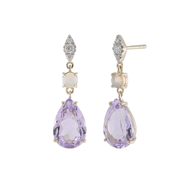 14K Yellow Gold Pink Amethyst Pear,  Ethiopian Opal, and Diamond Post Drop Earrings