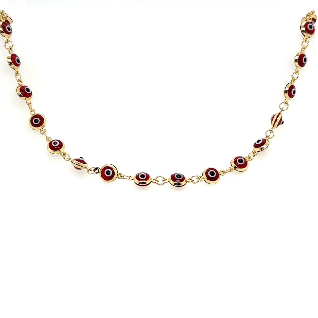 14K Yellow Gold Red Turkish Evil Eye Necklace