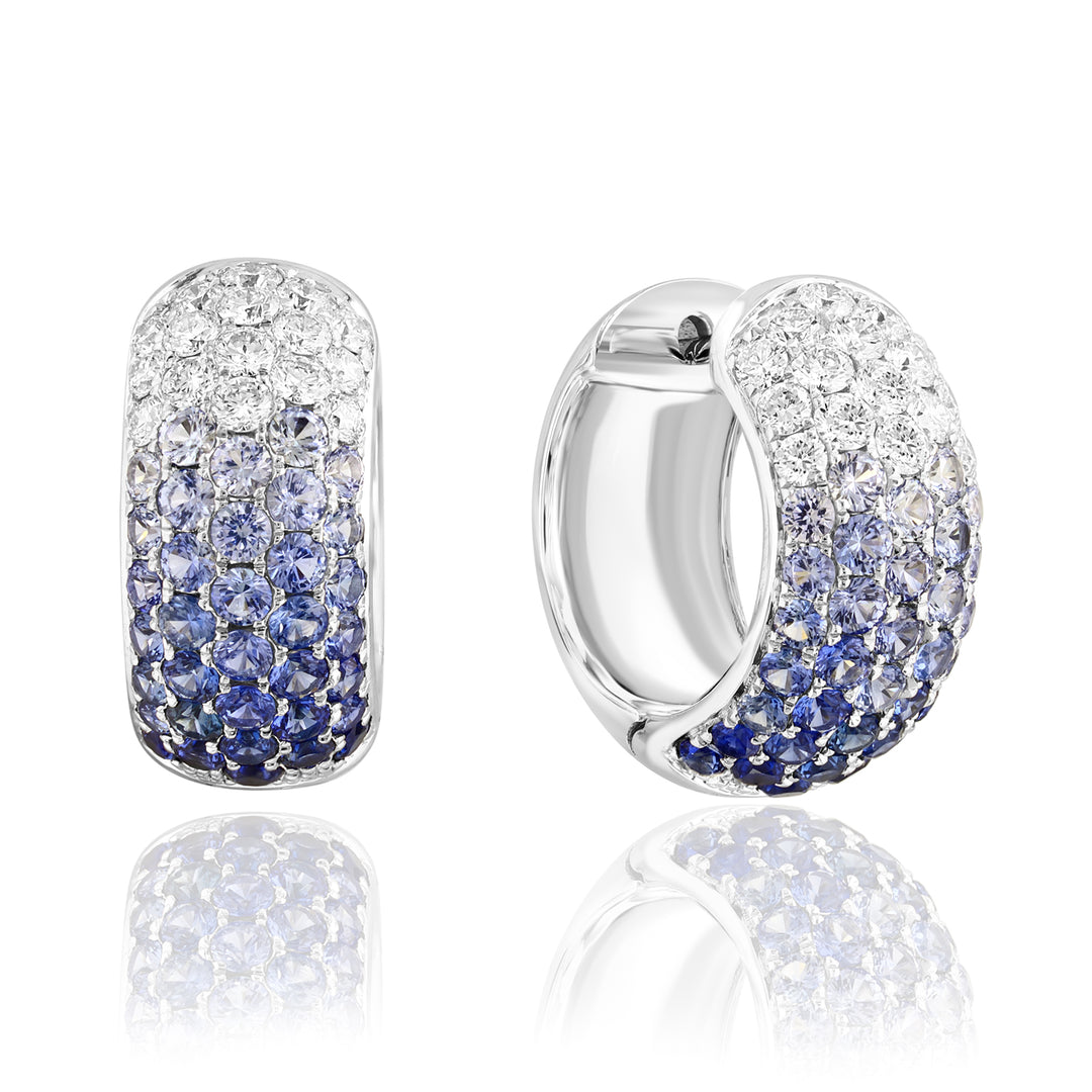 18K White Gold Sapphire and Diamond Ombre Huggie Earrings