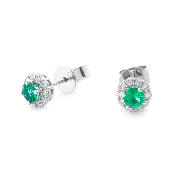 14K White Gold Emerald Halo Studs