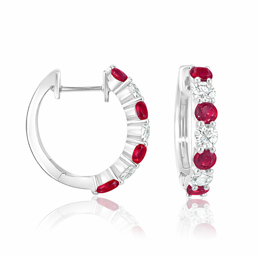14K White Gold Ruby and Diamond Huggie Earrings