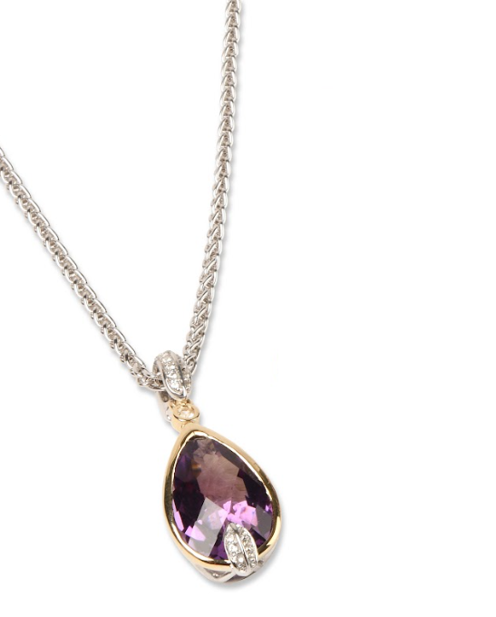 14K Yellow and White Gold Amethyst Pear and Labgrown Diamond Drop Latch Pendant