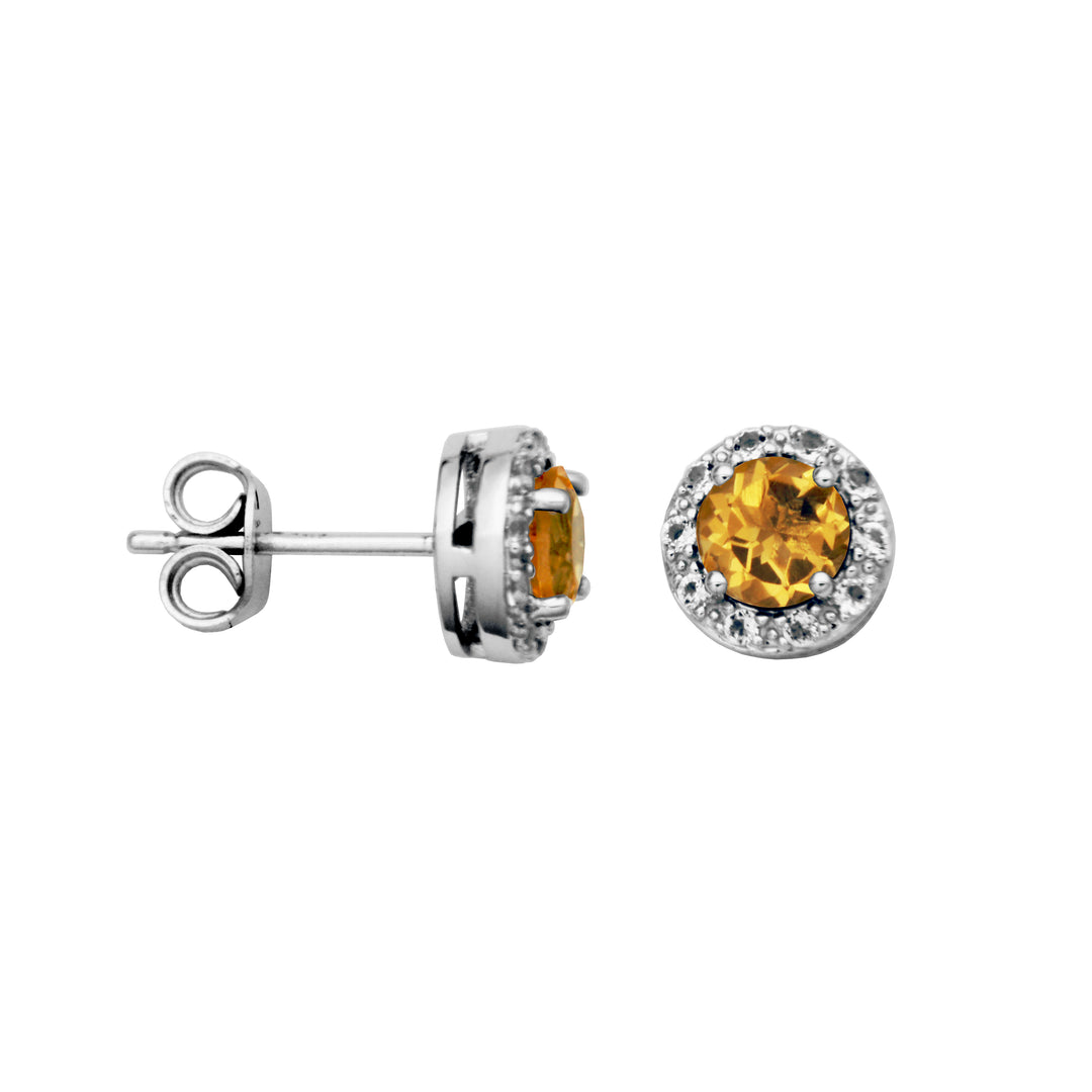 Sterling Silver Round Citrine and White Topaz Halo Post Earrings Sterling Silver Round Citrine and White Topaz Halo Post Earrings