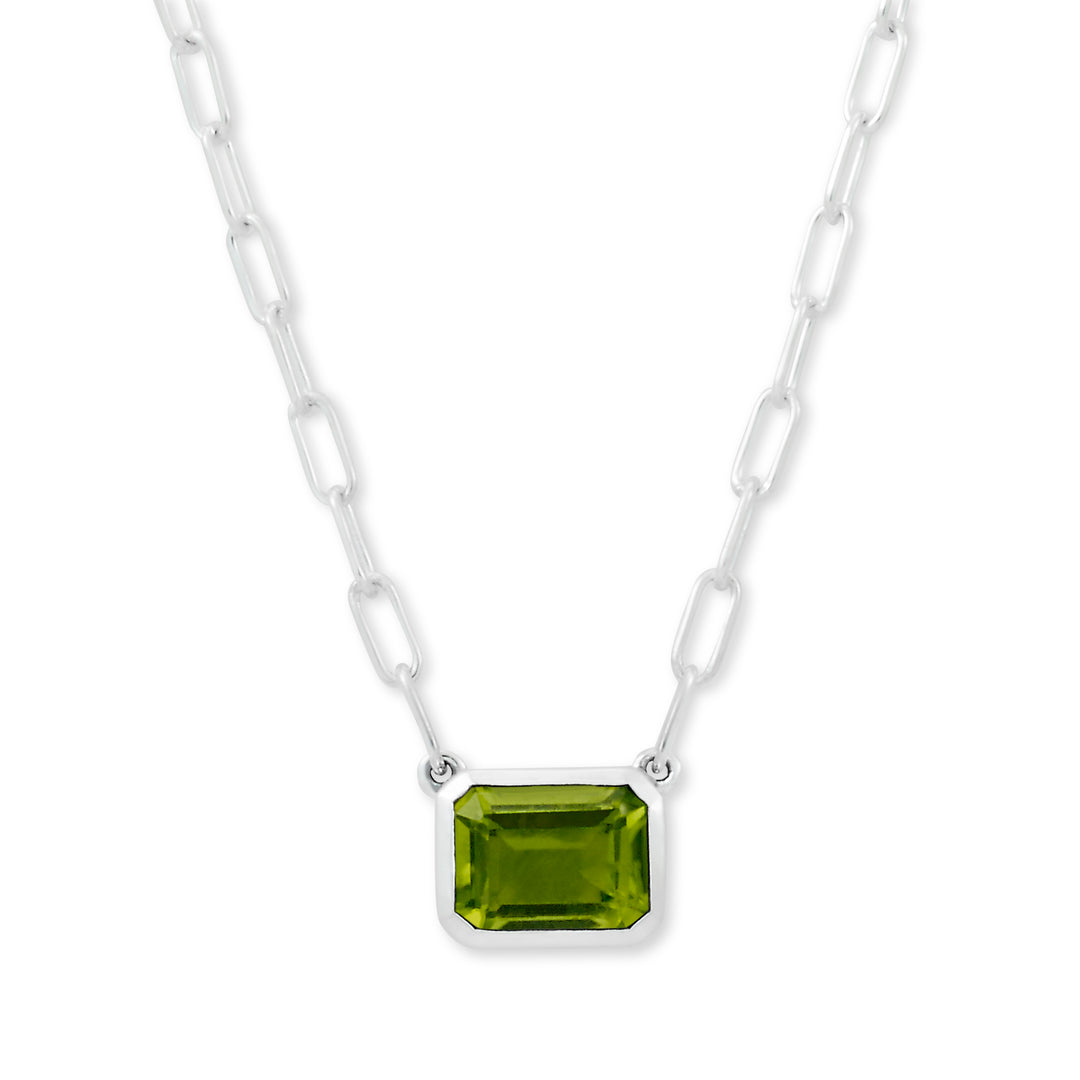 Sterling Silver Emerald Cut Peridot Paperclip Chain Necklace