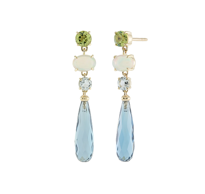 14K Yellow Gold 10.02ctw London Blue Topaz, Ethiopian Opal, Peridot, and Aquamarine Post Earrings