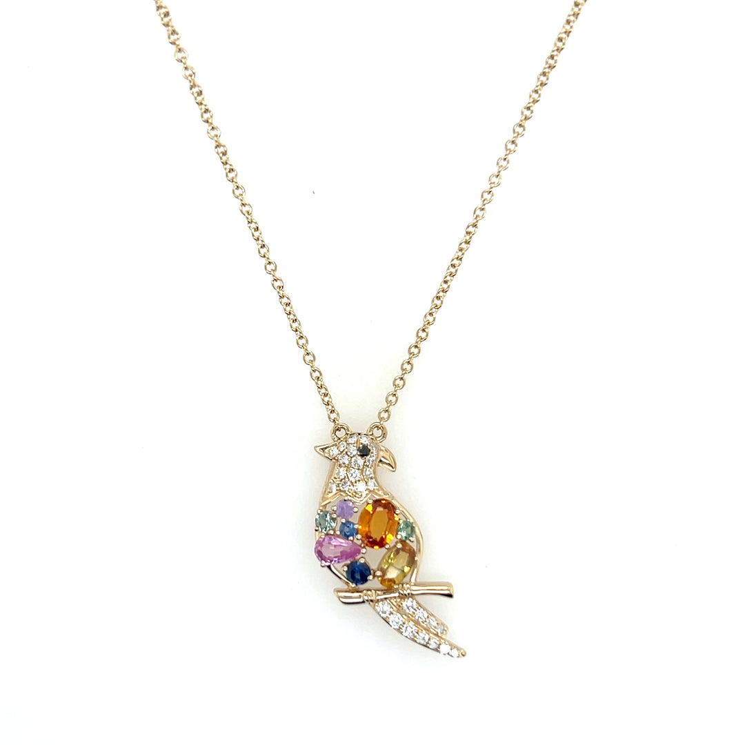 14K Yellow Gold Multicolor Diamond Bird Necklace