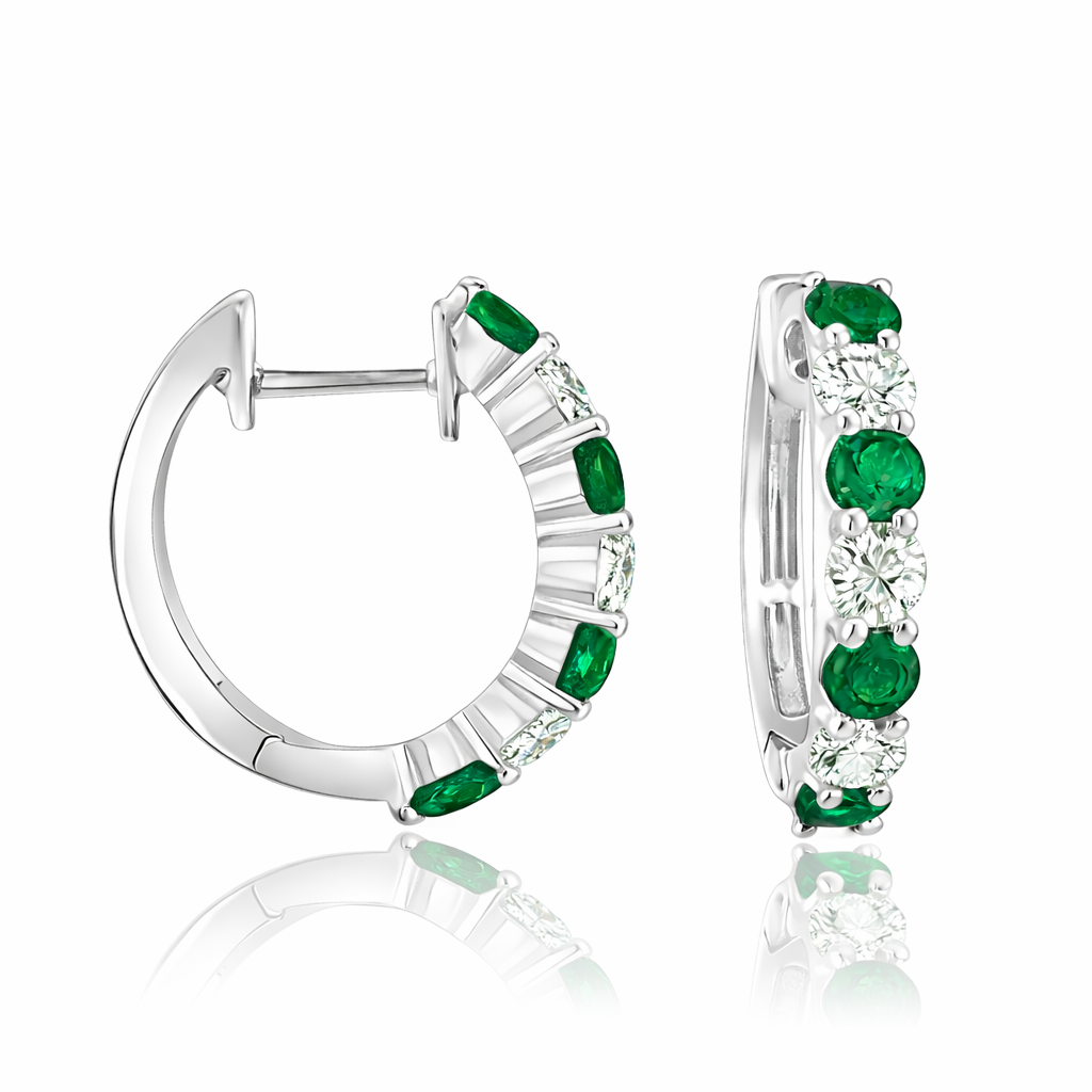 14K White Gold Emerald and Diamond Huggie Earrings