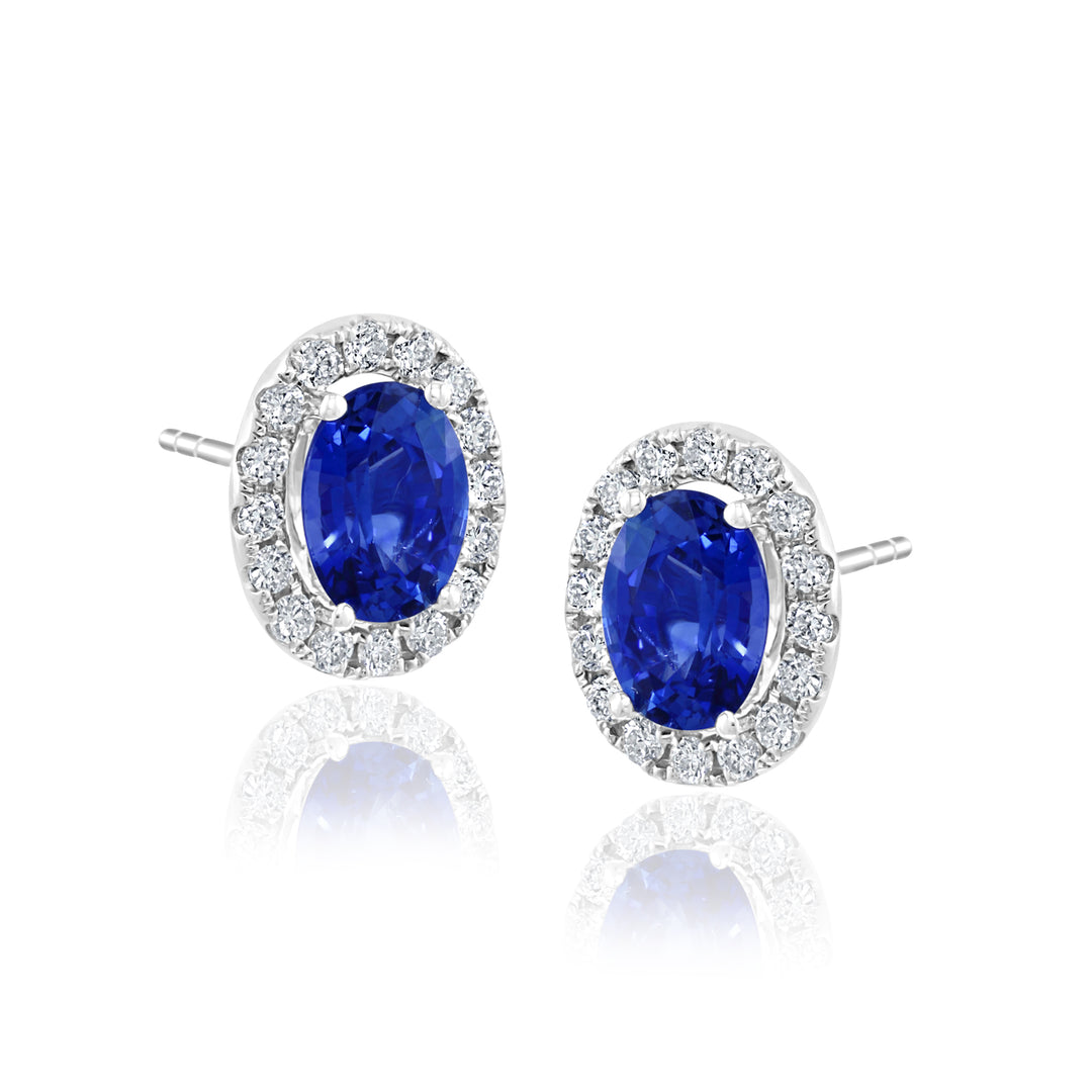 14K White Gold Sapphire Oval Diamond Halo Studs
